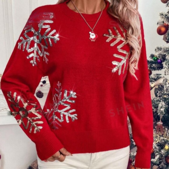 New Red sequin snowflake design sweater - Picture 2 of 3